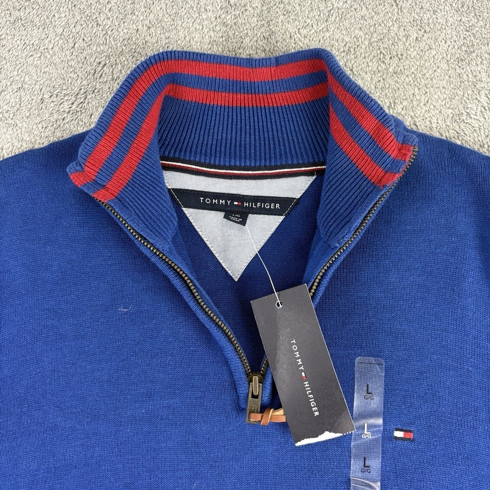 Tommy Hilfiger Quarter Zip Men's Size Large Navy Blue Cotton Knit sweater NWT